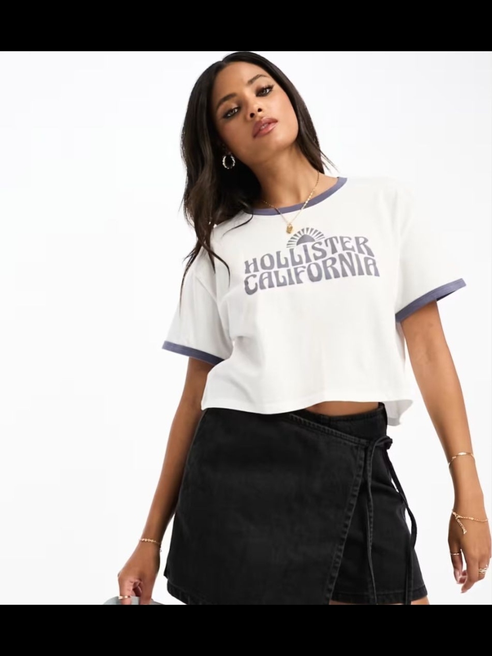 Hollister White Cropped Ringer Tee with Blue Trim and Logo
